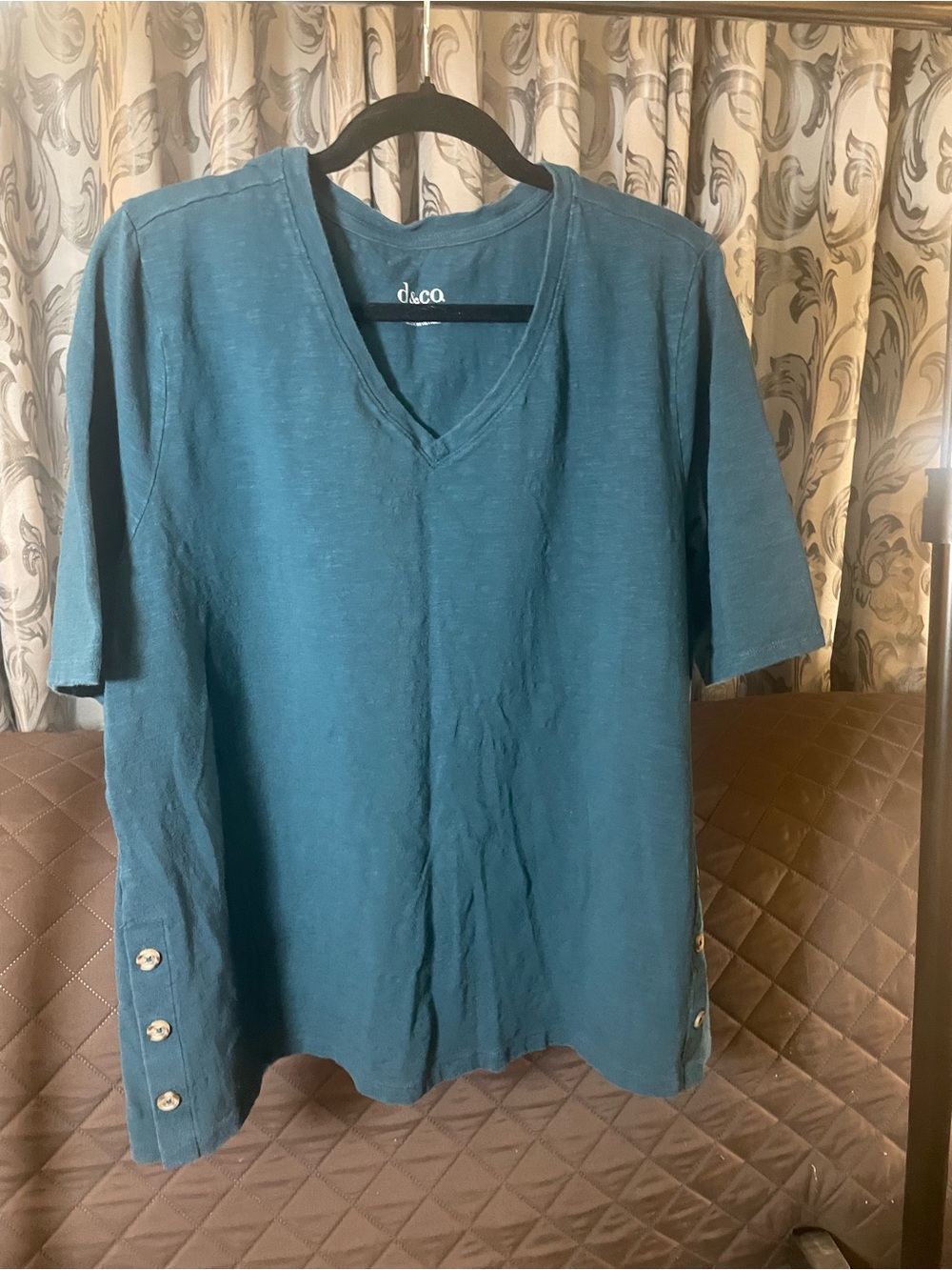 Women's Teal V-Neck Short Sleeve Tee with Side Button Detail